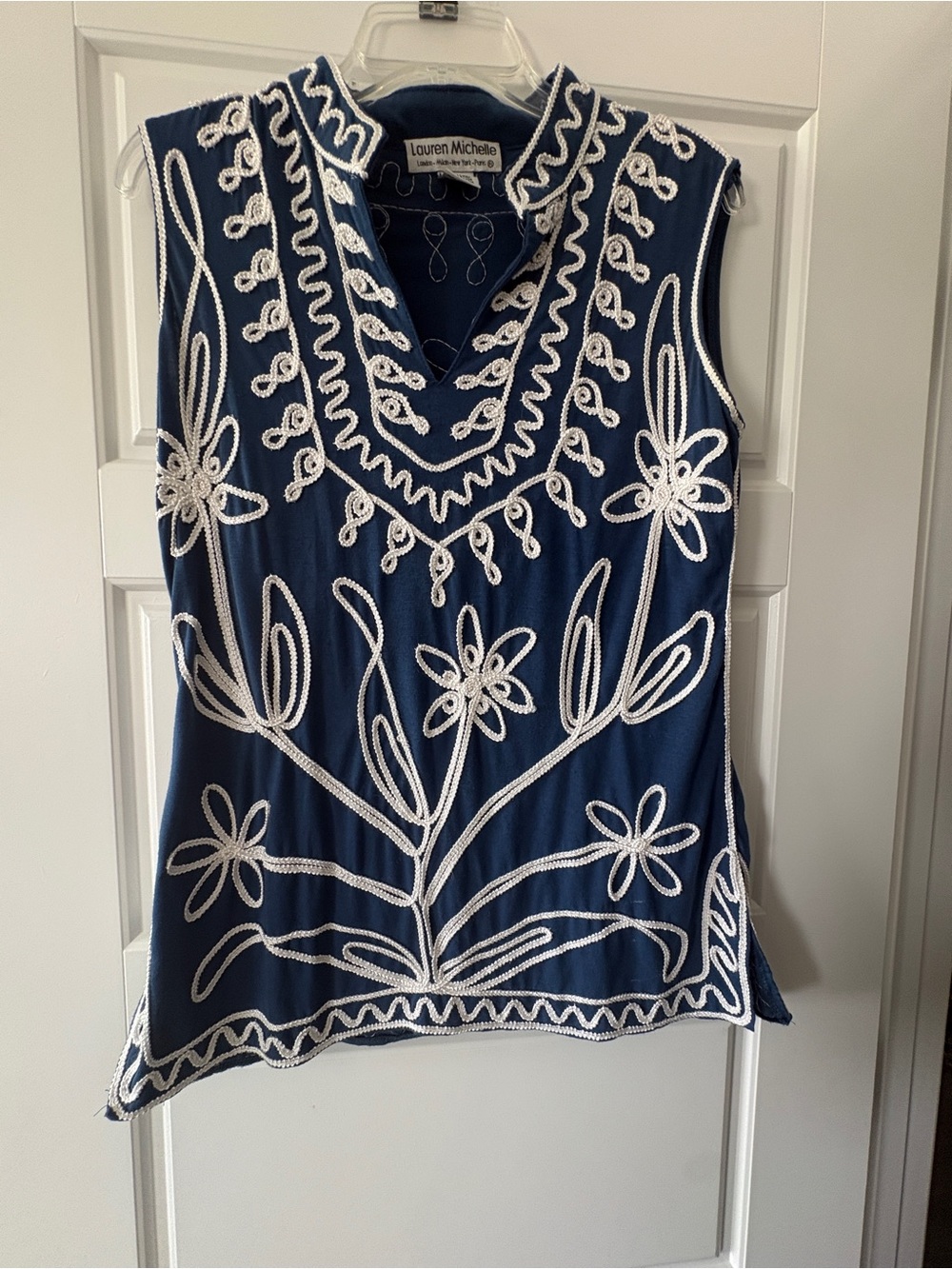 Lauren Michelle Navy Sleeveless Embroidered V-Neck Tunic